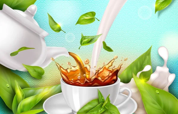 Gerçekçi Detaylı Taze Süt Konsepti Arkaplanlı 3D Siyah Çay. Vektör