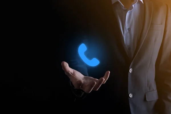 Uomo Affari Giacca Cravatta Sfondo Nero Tenere Telefono Icon Call — Foto Stock