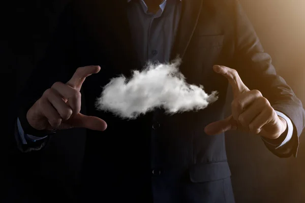 Businessman man hand holding cloud.Cloud computing concept, close up of young business man with cloud over his hand.The concept of cloud service.