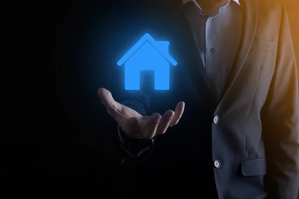 Real Estate Concept Businessman Holding House Icon House Hand Property — Stock Photo, Image