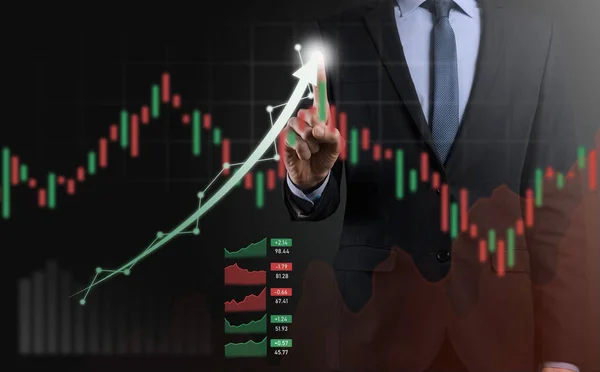 Businessman Black Background Presses Presses Finger Positive Growth Arrow Graphs — Stock Photo, Image