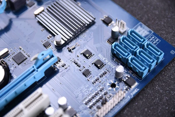 Computer Moederbord Elektronische Componenten Cpu Gpu Geheugen Verschillende Stopcontacten Voor — Stockfoto