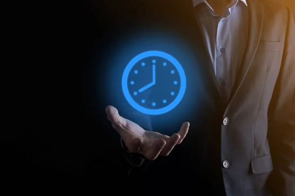 Businessman Hand Holds Icon Hours Clock Arrow Rapid Execution Work — Stock Photo, Image