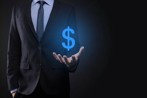ドル記号を示すビジネスマンとの成功した国際金融シンボル投資の概念 デジタル技術 — ストック写真