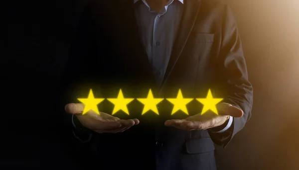 Mano Del Hombre Que Muestra Cinco Estrellas Excelente Rating Pointing —  Fotos de Stock