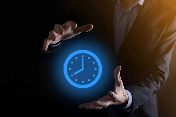 Businessman Hand Holds Icon Hours Clock Arrow Rapid Execution Work — Stock Photo, Image