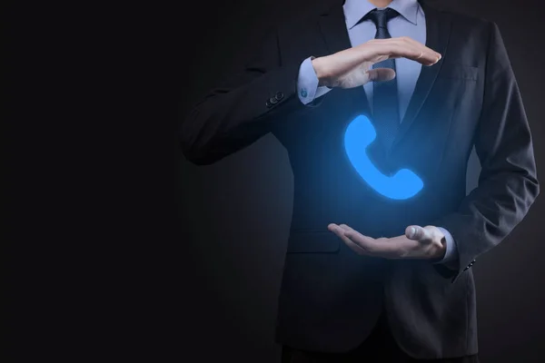 Uomo Affari Giacca Cravatta Sfondo Nero Tenere Telefono Icon Call — Foto Stock