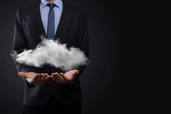 Geschäftsmann Hand Hält Cloud Cloud Computing Konzept Nahaufnahme Eines Jungen — Stockfoto
