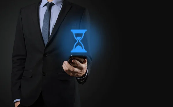 Businessman Man Holds Hand Hourglasses Icon Time Expires Reminder Action — Stock Photo, Image