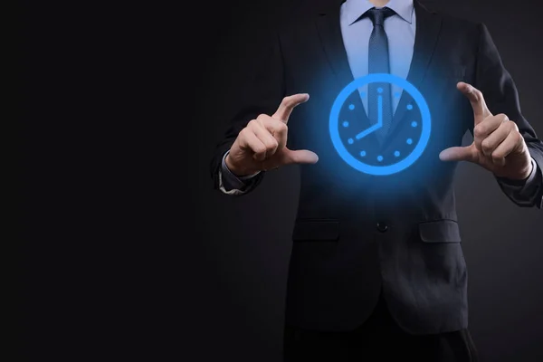 Businessman Hand Holds Icon Hours Clock Arrow Rapid Execution Work — Stock Photo, Image