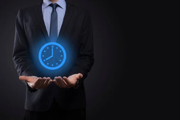 Businessman Hand Holds Icon Hours Clock Arrow Rapid Execution Work — Stock Photo, Image