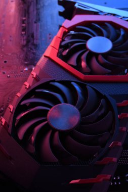Bilgisayar oyunu grafikleri kartı, devre kartında iki soğutucu olan video oyunu, anakart geçmişi. Yakın plan. Kırmızı-mavi bir ışıkla.