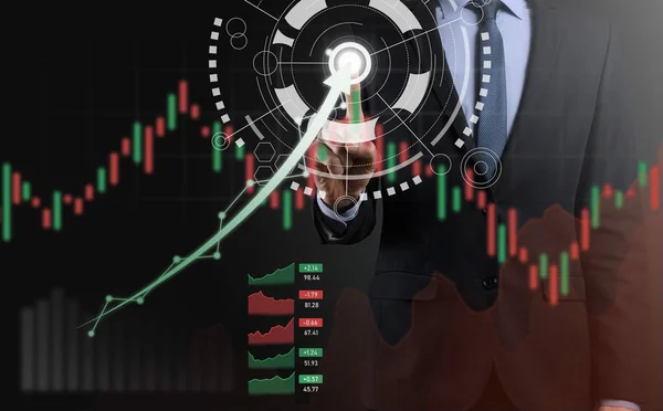 Businessman on a black background presses, presses a finger on a positive growth arrow. Graphs of indicators. Business development and finance concept.