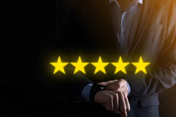 Man Hand Showing Five Star Excellent Rating Pointing Five Star — Stock Photo, Image