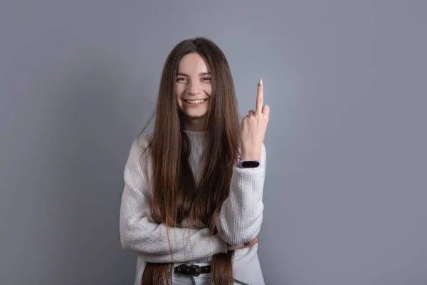 Young Beautiful Girl Wearing Casual Sweater Showing Middle Finger Doing — Foto Stock