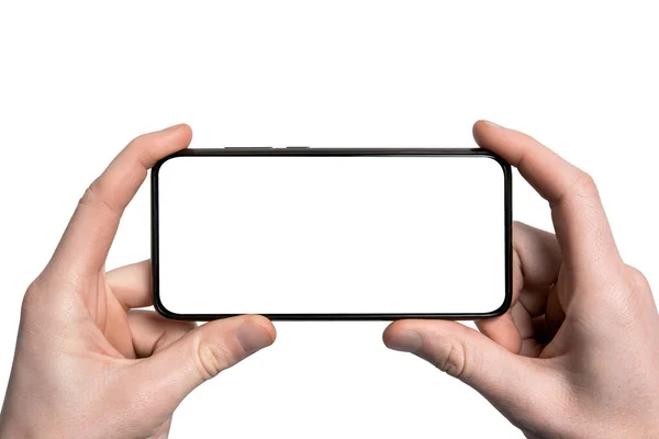 Mock Mockup Man Hand Hålla Den Svarta Smartphone Med Ram — Stockfoto