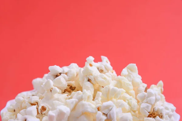Popcorn Bowl Red Background Close Top View — Stock Photo, Image