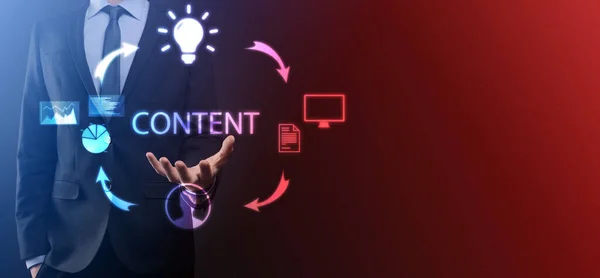 Content marketing cycle - creating, publishing, distributing content for a targeted audience online and analysis.