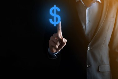 İş adamlarıyla başarılı uluslararası finansal simge sinvestment konsepti büyüme, grafikler ve dolar işareti, dijital teknoloji gösteriyor.