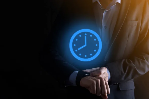 Businessman Hand Holds Icon Hours Clock Arrow Rapid Execution Work — Stock Photo, Image