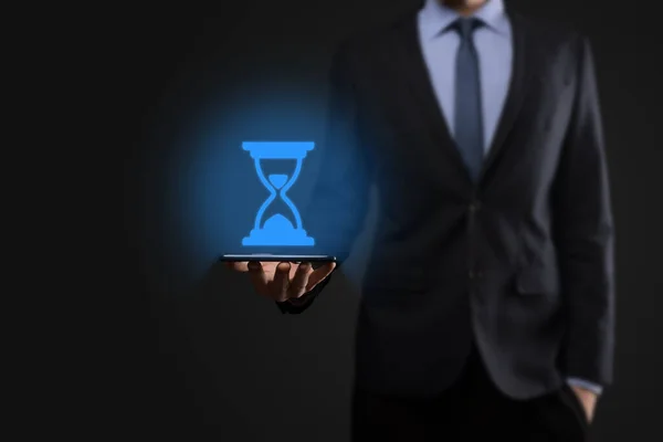 Businessman Man Holds Hand Hourglasses Icon Time Expires Reminder Action — Stock Photo, Image