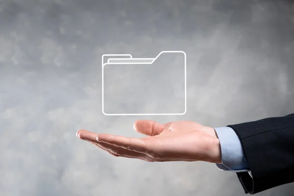 Geschäftsmann Halten Ordner Icon Document Management System Oder Dms Setup — Stockfoto