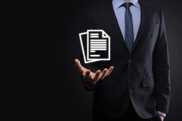 Businessman Man Holding Document Icon His Hand Document Management Data — Stock Photo, Image