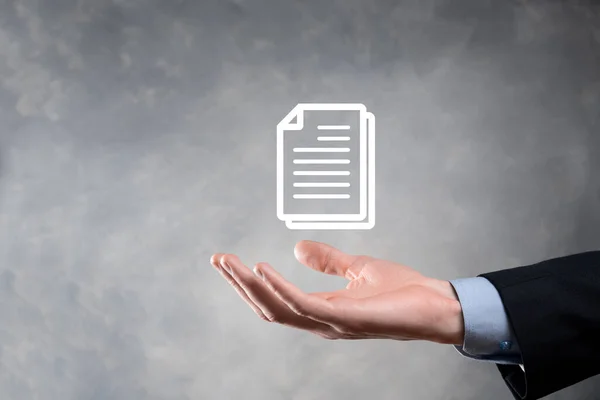 Hand Houden Van Een Document Pictogram Zijn Hand Document Management — Stockfoto