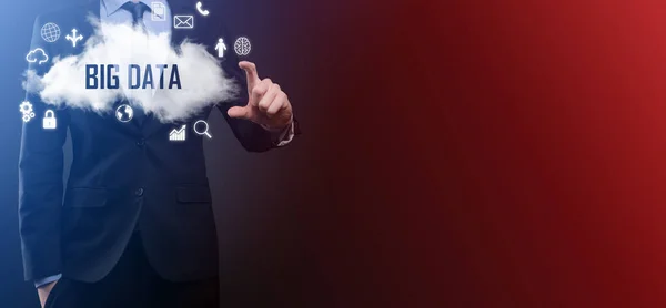 Businessman holds cloud with inscription, word BIG DATA. Padlock , brain ,man, planet,graph, magnifier, gears, cloud, grid, document, letter, phone icon