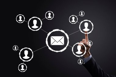 E- posta ve kullanıcı simgesi, imza, sembol pazarlama ya da bülten konsepti, diyagram. E- posta gönderme. Posta ve SMS pazarlama kavramı. İş dünyasında doğrudan satış şeması. E- posta için istemci listesi