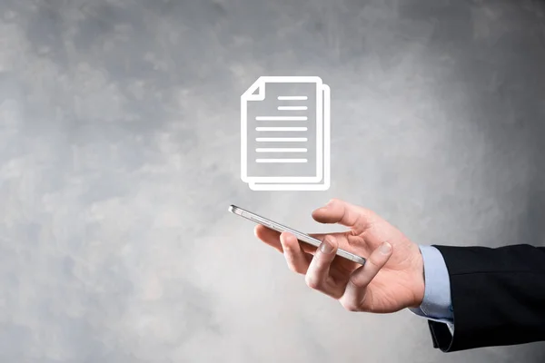 Hand Hålla Ett Dokument Ikon Handen Document Management Data System — Stockfoto