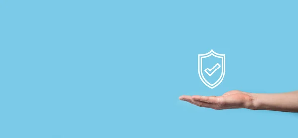 Male Hand Holding Protect Shield Check Mark Icon Blue Background — Stock Photo, Image