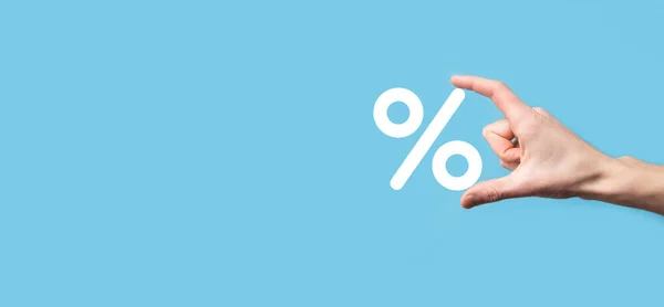 Male Hand Holding Interest Rate Percent Icon Blue Background Interest — Stock Photo, Image