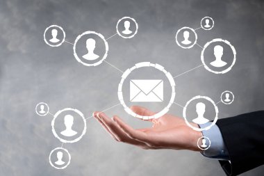 E- posta ve kullanıcı simgesi, imza, sembol pazarlama ya da bülten konsepti, diyagram. E- posta gönderme. Posta ve SMS pazarlama kavramı. İş dünyasında doğrudan satış şeması. E- posta için istemci listesi