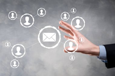 E- posta ve kullanıcı simgesi, imza, sembol pazarlama ya da bülten konsepti, diyagram. E- posta gönderme. Posta ve SMS pazarlama kavramı. İş dünyasında doğrudan satış şeması. E- posta için istemci listesi