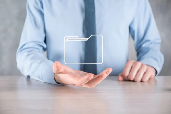 Affärsman Hålla Mapp Ikon Document Management System Eller Dms Inställning — Stockfoto