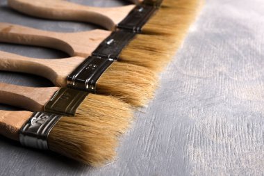 Gri beton arka planda boya fırçaları. Üst görünüm