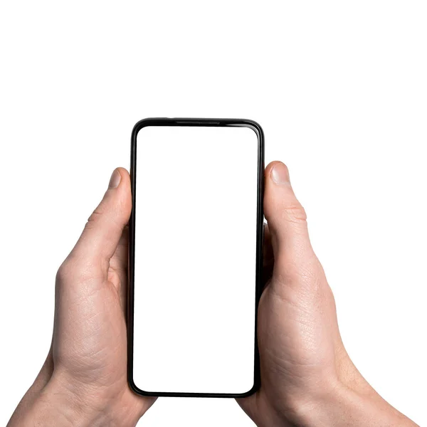 Mock Mockup Man Hand Hålla Den Svarta Smartphone Med Ram — Stockfoto