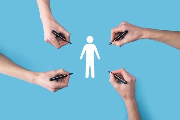Several, four hands draw a man people human icon with a marker.HR Human ,people iconTechnology Process System Business with Recruitment, Hiring, Team Building. Organisation structure concept