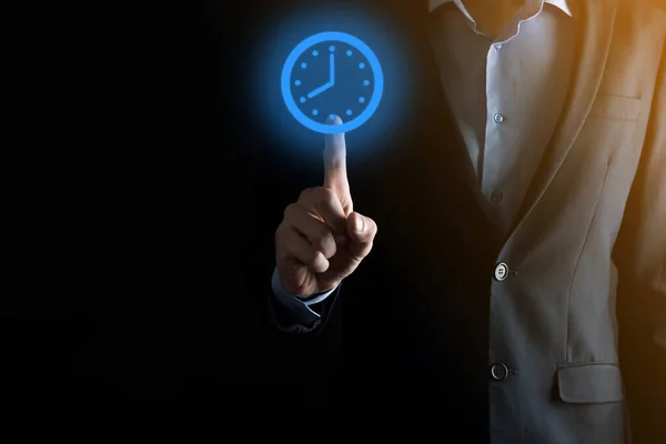 Businessman Hand Holds Icon Hours Clock Arrow Rapid Execution Work — Stock Photo, Image