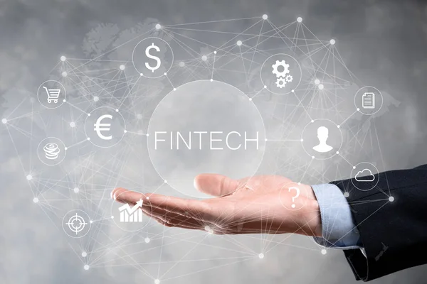 Biznesmen Trzymać Fintech Koncepcja Technologii Finansowych Bankowość Inwestycyjna Biznesu Płatności — Zdjęcie stockowe