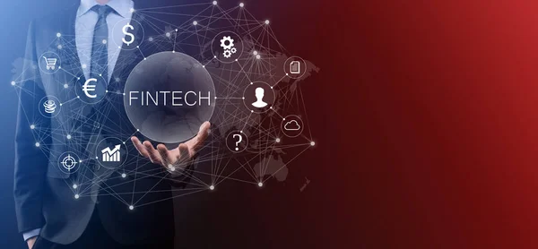 Homme Affaires Détient Fintech Concept Technologie Financière Paiement Bancaire Investissement — Photo