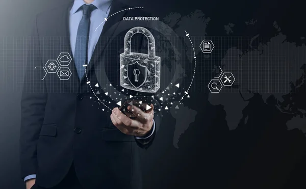 Cyber Sicherheitsnetzwerk Vorhängeschloss Ikone Und Vernetzung Der Internettechnologie Geschäftsmann Der — Stockfoto