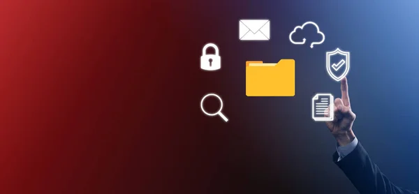 Dms Businessman持有文件夹和文档图标 用于公司文件和信息归档 搜索和管理软件 — 图库照片