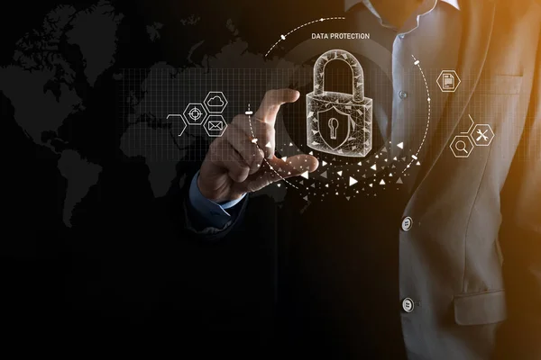 Cyber Sicherheitsnetzwerk Vorhängeschloss Ikone Und Vernetzung Der Internettechnologie Geschäftsmann Der — Stockfoto