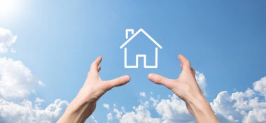 Mavi arka planda erkek el ele tutuşma ikonu. Emlak sigortası ve güvenlik kavramı. Emlak kavramı. Fotokopi alanı olan pankart.