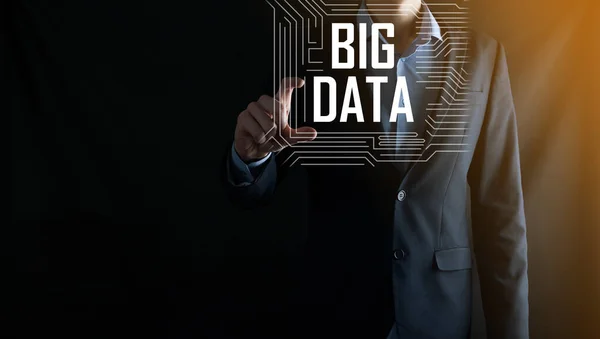 Businessman Suit Dark Background Holds Inscription Big Data Storage Network — Stock Photo, Image