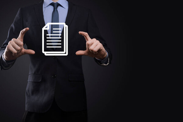 Бизнесмен держит в руке иконку документа - Document Management Data System Business Internet Technology Concept. Корпоративная система управления данными DMS .