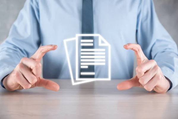 Hand Hålla Ett Dokument Ikon Handen Document Management Data System — Stockfoto