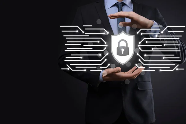 Кібербезпека Мережі Ікона Блокування Інтернет Мережа Технологій Бізнесмен Захищає Персональну — стокове фото